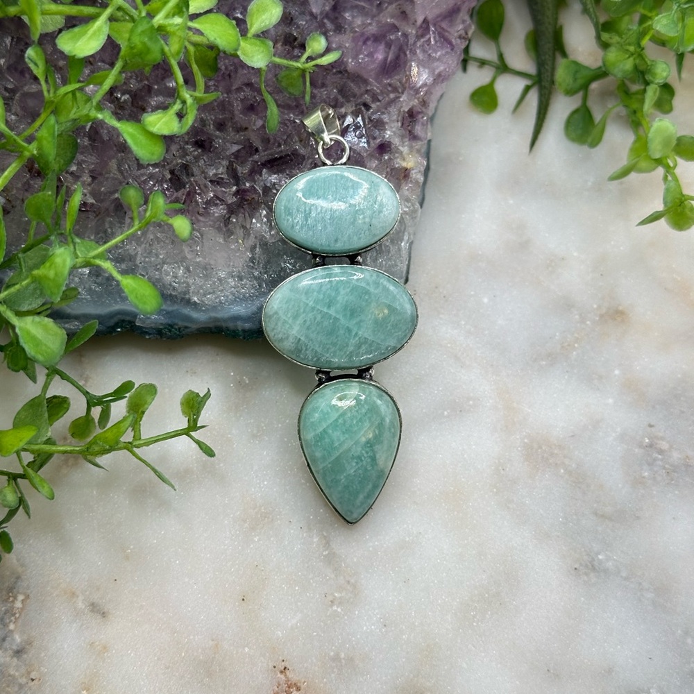 Amazonite Gemstone Blue 925 Sterling Silver Large Pendant Three Stones - Picture 2 of 8